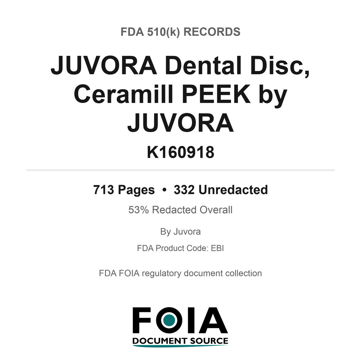 FDA 510(k) K160918, JUVORA Dental Disc, Ceramill PEEK by JUVORA, by Juvora