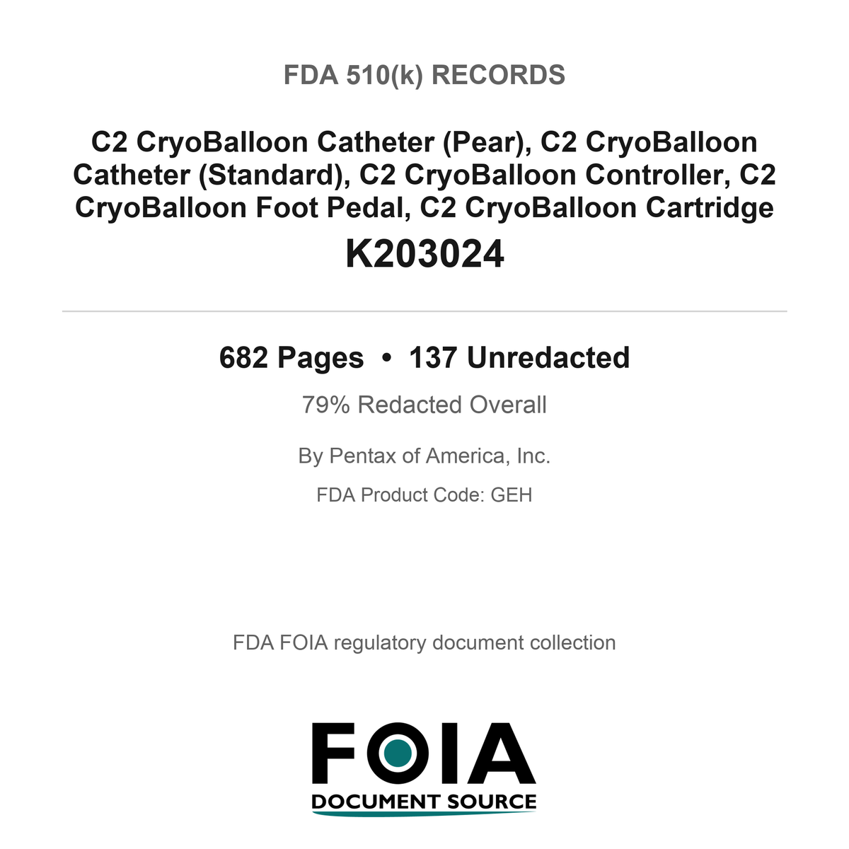 FDA 510(k) K203024, C2 CryoBalloon Catheter (Pear), C2 CryoBalloon Catheter (Standard), C2 CryoBalloon Controller, C2 CryoBalloon Foot Pedal, C2 CryoBalloon Cartridge, by Pentax of America, Inc.