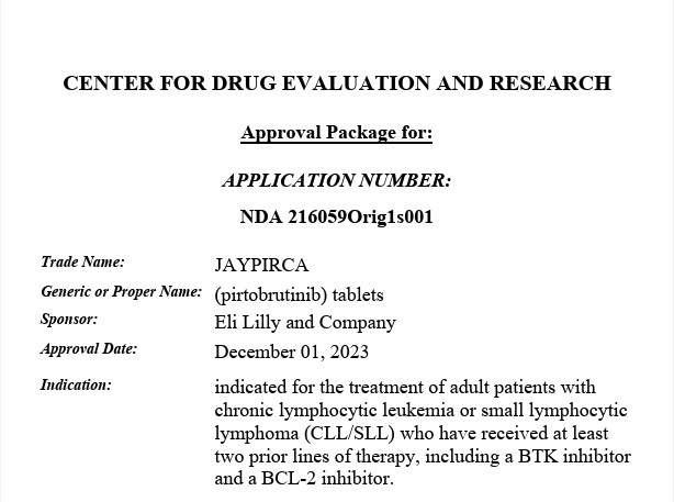 NDA 216059/S-001 — Jaypirca (pirtobrutinib) FDA Approval Package -- CLL/SLL Supplemental Approval