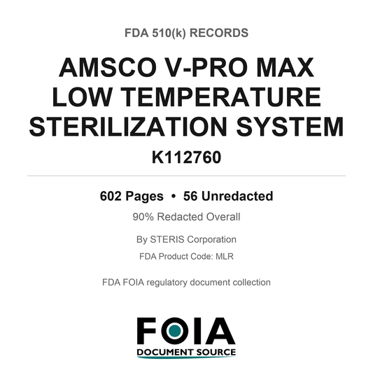 FDA 510(k) K112760, AMSCO V-PRO MAX LOW TEMPERATURE STERILIZATION SYSTEM, by STERIS Corporation
