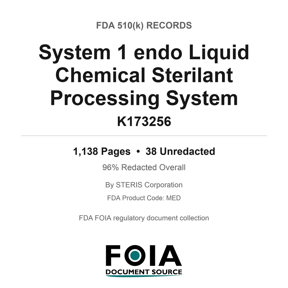 FDA 510(k) K173256, System 1 endo Liquid Chemical Sterilant Processing System, by STERIS Corporation